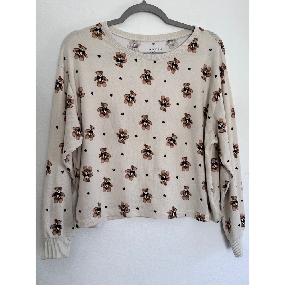 American Eagle Lounge Teddy Bear‎ Bow Sweater Cream Cottagecore Coquette Cozy